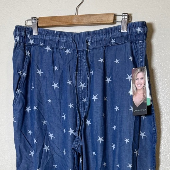New Laurie Felt Pants Women M Blue Wide Leg Cropped Stars Drawstring Lyocell - Picture 3 of 13